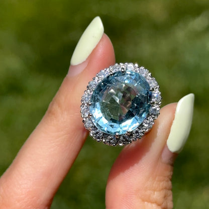 Estate 14KT White Gold Oval 11 CT Aquamarine + Halo Diamond Ring