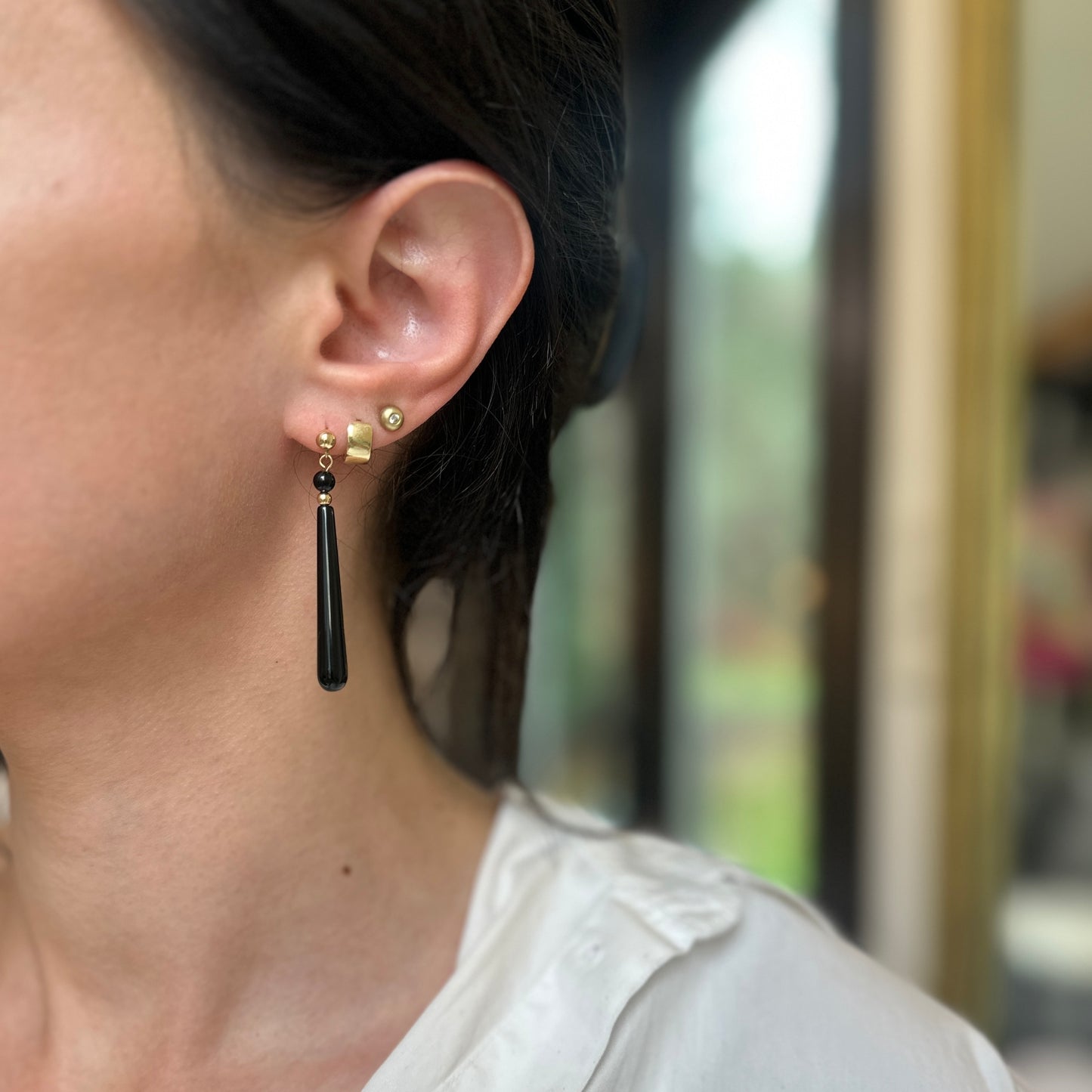 Estate 14KT Yellow Gold Teardrop Black Onyx Dangle Earrings