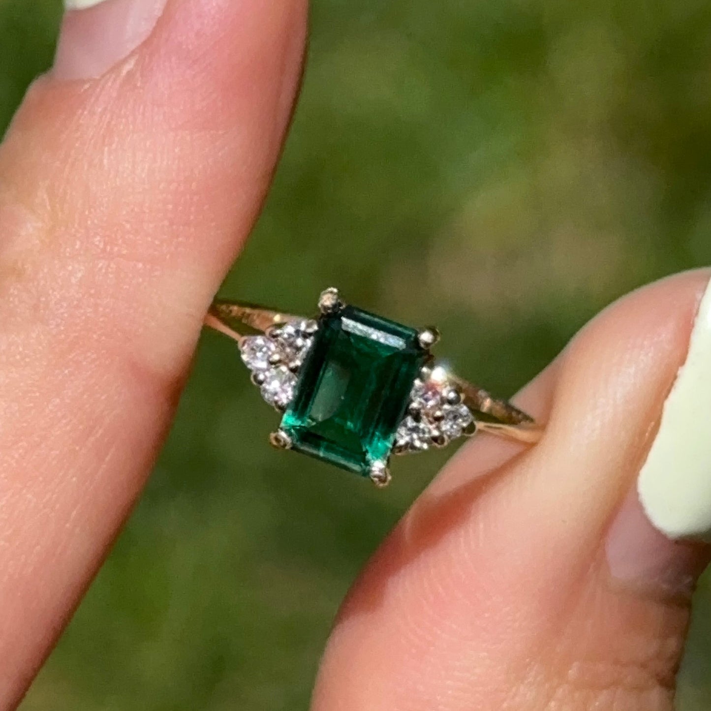 Estate 14KT Yellow Gold Lab-Created Emerald + Diamond Accent ring