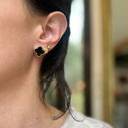 14KT Yellow Gold Black Onyx 4 Leaf Clover Post Stud Earrings 14mm