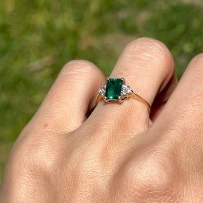 Estate 14KT Yellow Gold Lab-Created Emerald + Diamond Accent ring