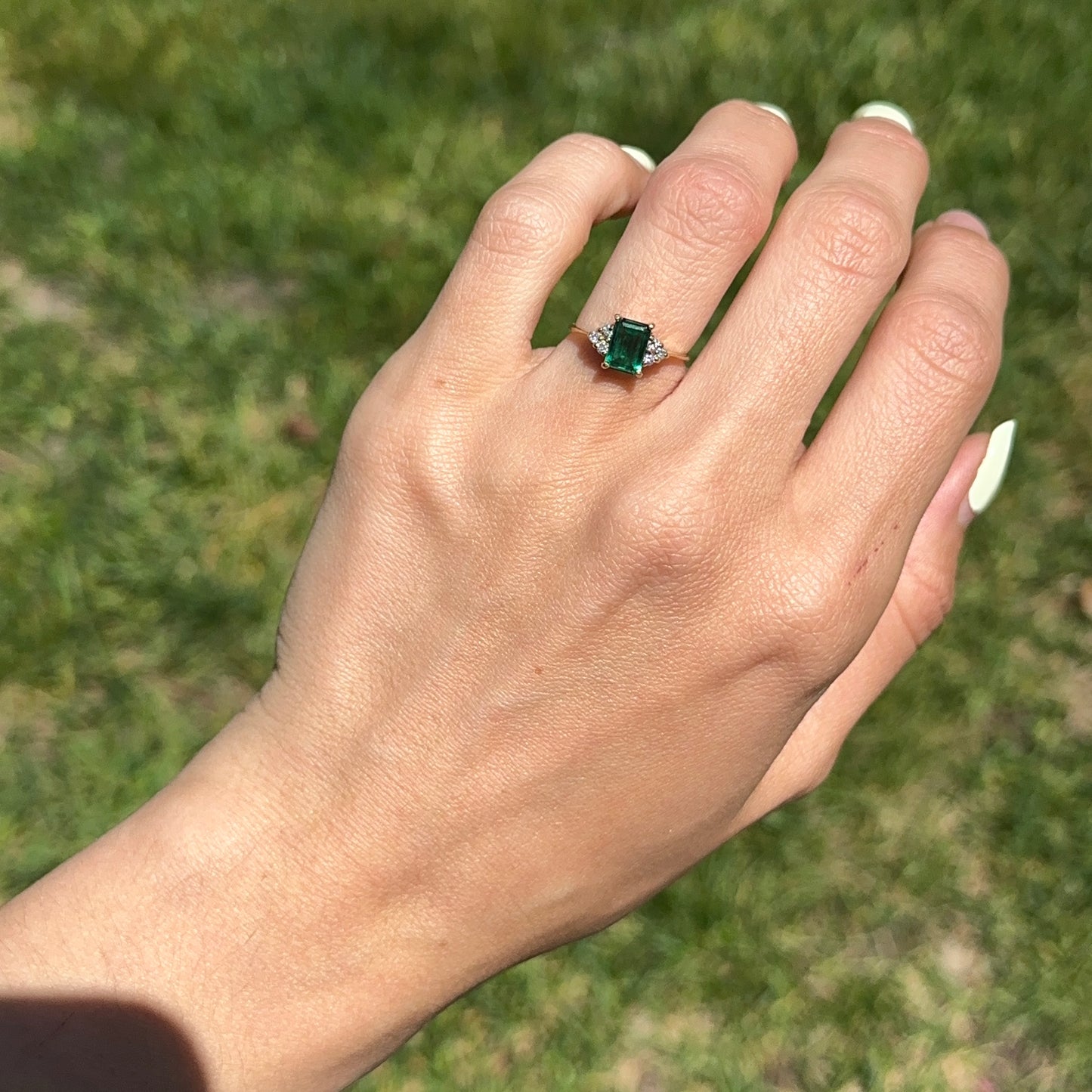 Estate 14KT Yellow Gold Lab-Created Emerald + Diamond Accent ring