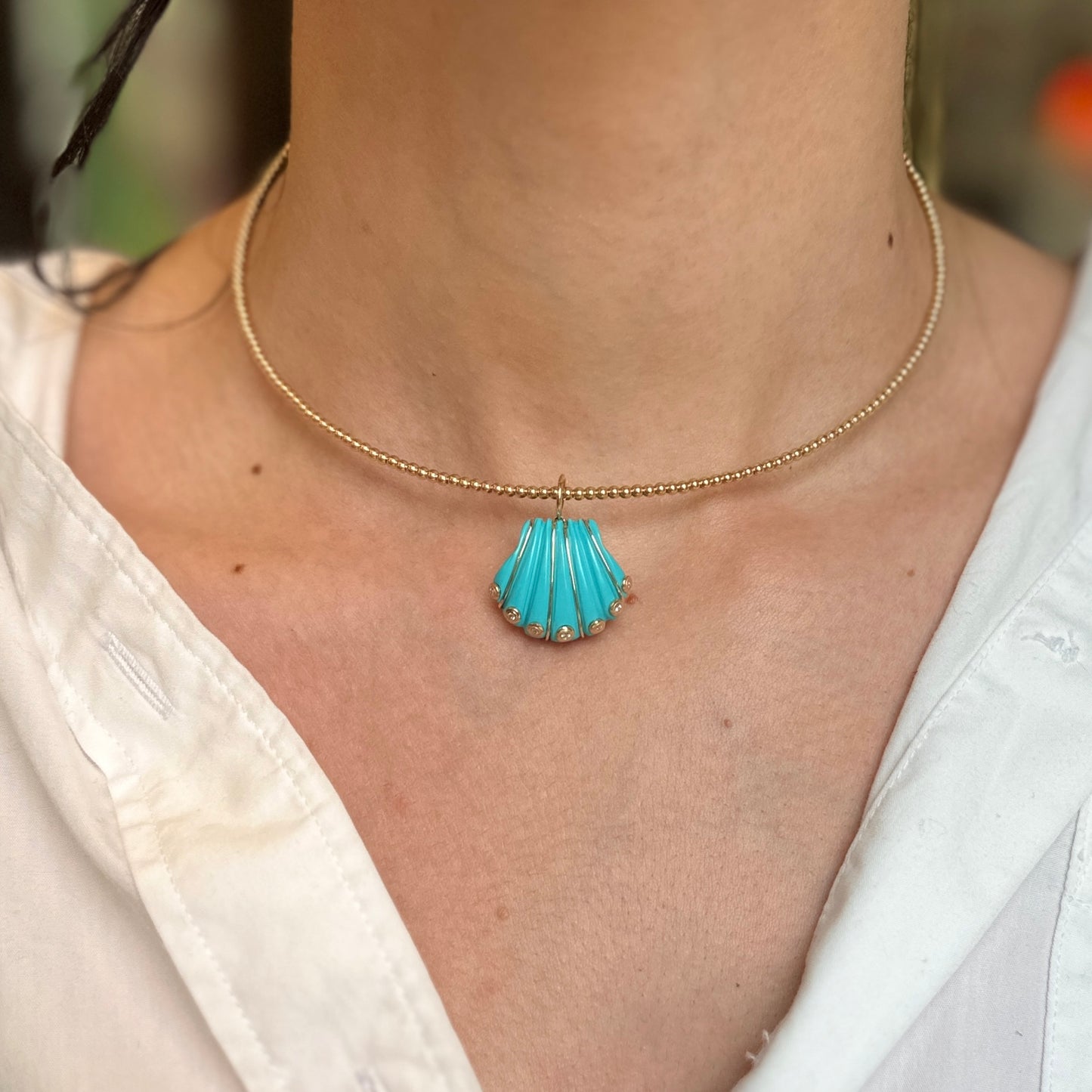 Estate 14KT Yellow Gold Turquoise Shell + Bezel-Set Diamonds Pendant