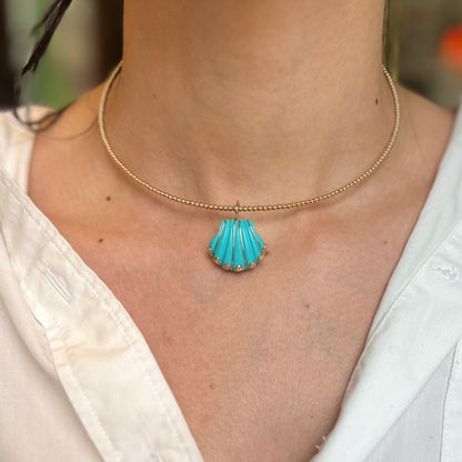 Estate 14KT Yellow Gold Turquoise Shell + Bezel-Set Diamonds Pendant
