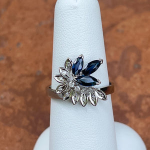 Estate 14KT White Gold Marquise Blue Sapphire + Diamond Flower Ring