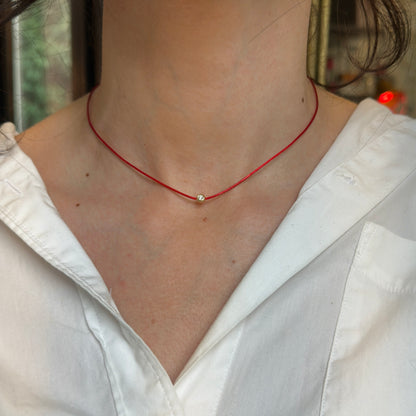 14KT Yellow Gold Red Silk Cord Necklace + Bezel Diamond Slide Pendant