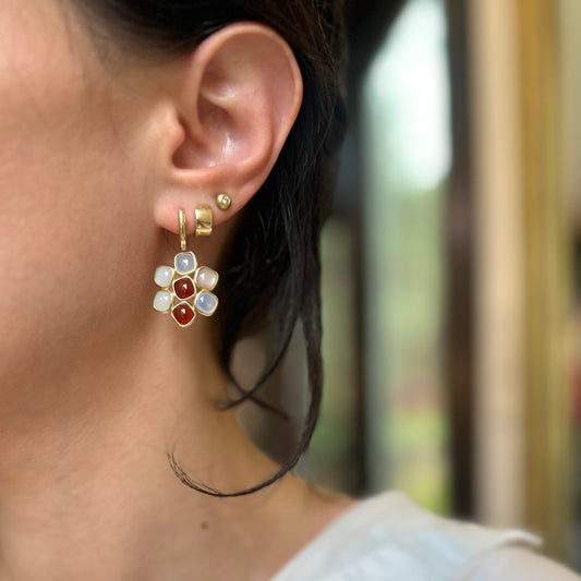 14KT Yellow Gold Carnelian + Moonstone Charm Huggie Drop Earrings