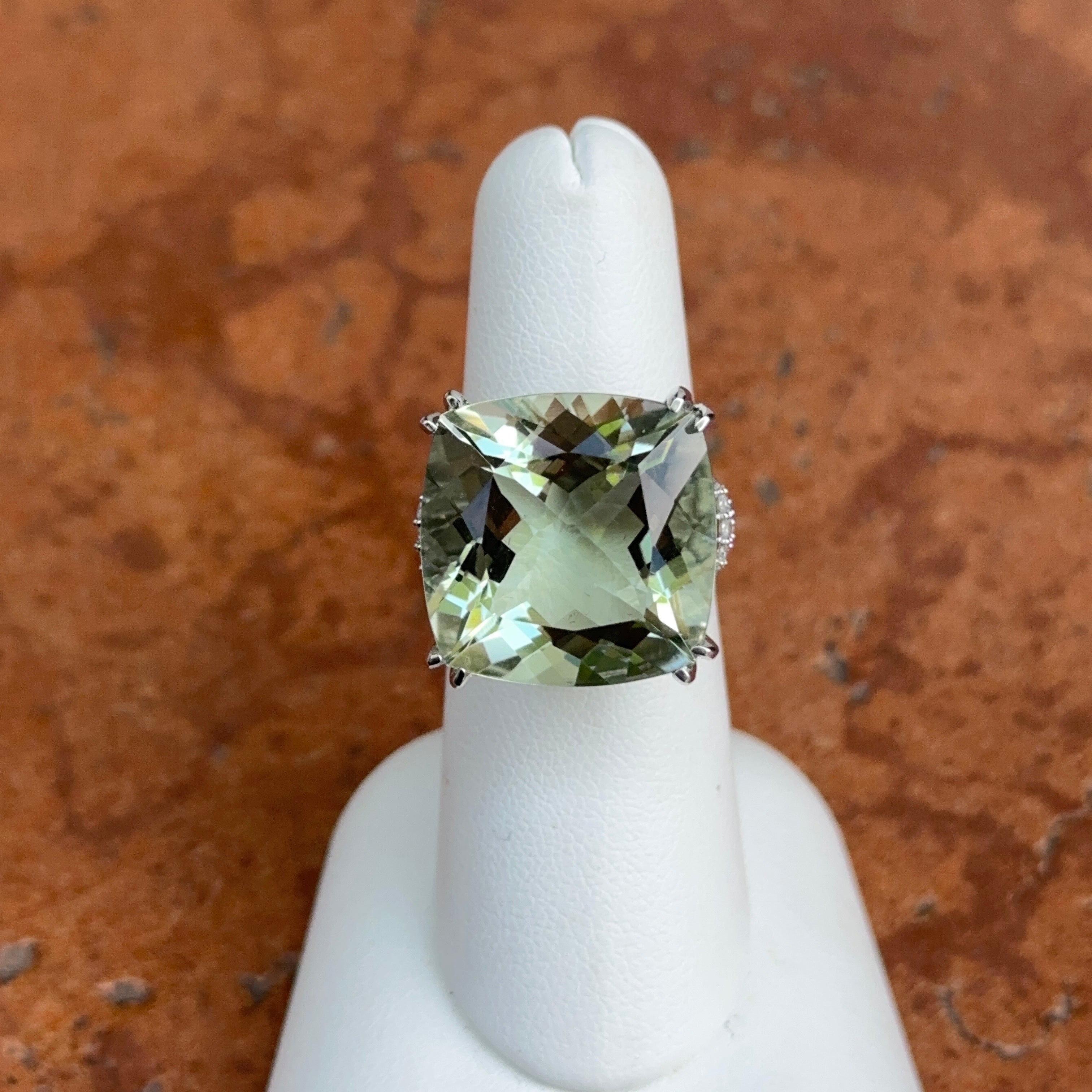 Sz 6 PRASIOLITE & CZ HALO Ring, Rose offers Gold Over Sterling Silver, 15mm Cushion Cut, Brand New, Also Known As Green Amethyst Or Mint Quartz