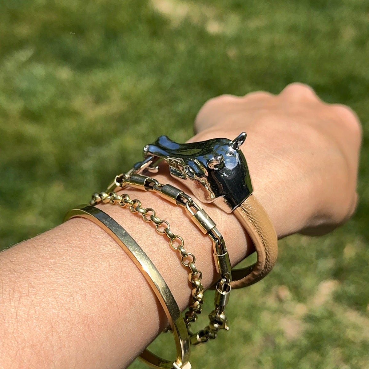 Silver-Tone Horse Head Leather Brown Bracelet