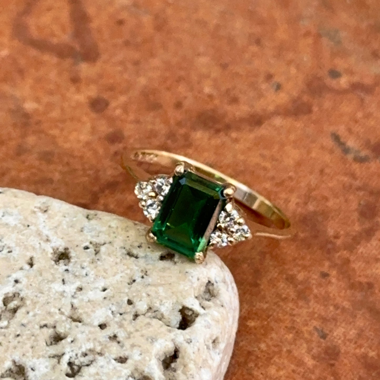 Estate 14KT Yellow Gold Lab-Created Emerald + Diamond Accent ring