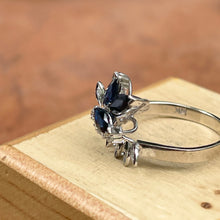 Load image into Gallery viewer, Estate 14KT White Gold Marquise Blue Sapphire + Diamond Flower Ring