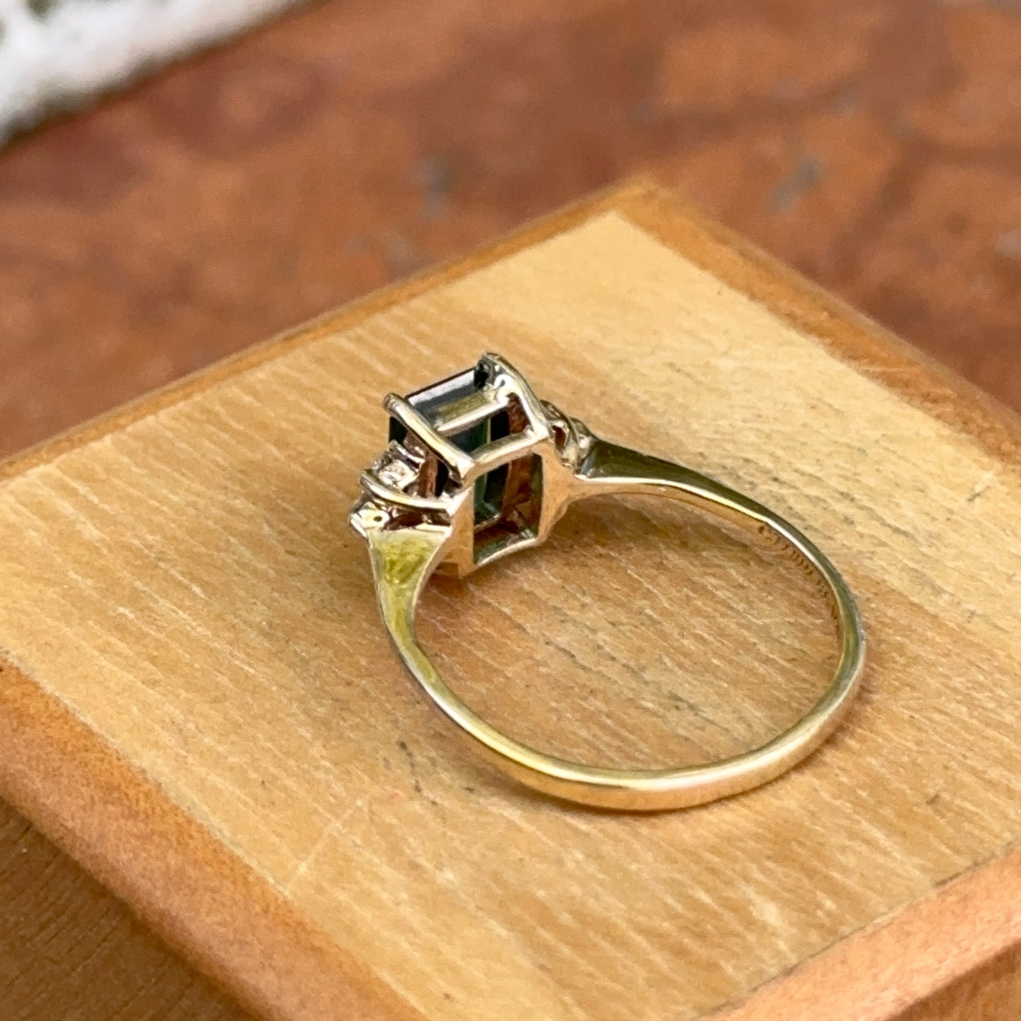 Estate 14KT Yellow Gold Lab-Created Emerald + Diamond Accent ring