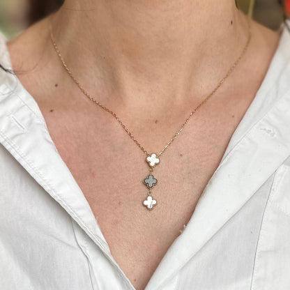 14KT Yellow Gold Ribbed Onyx + Pearl 3 Clover Drop Lariat Necklace