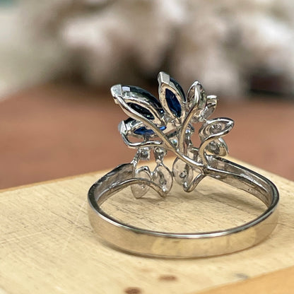 Estate 14KT White Gold Marquise Blue Sapphire + Diamond Flower Ring