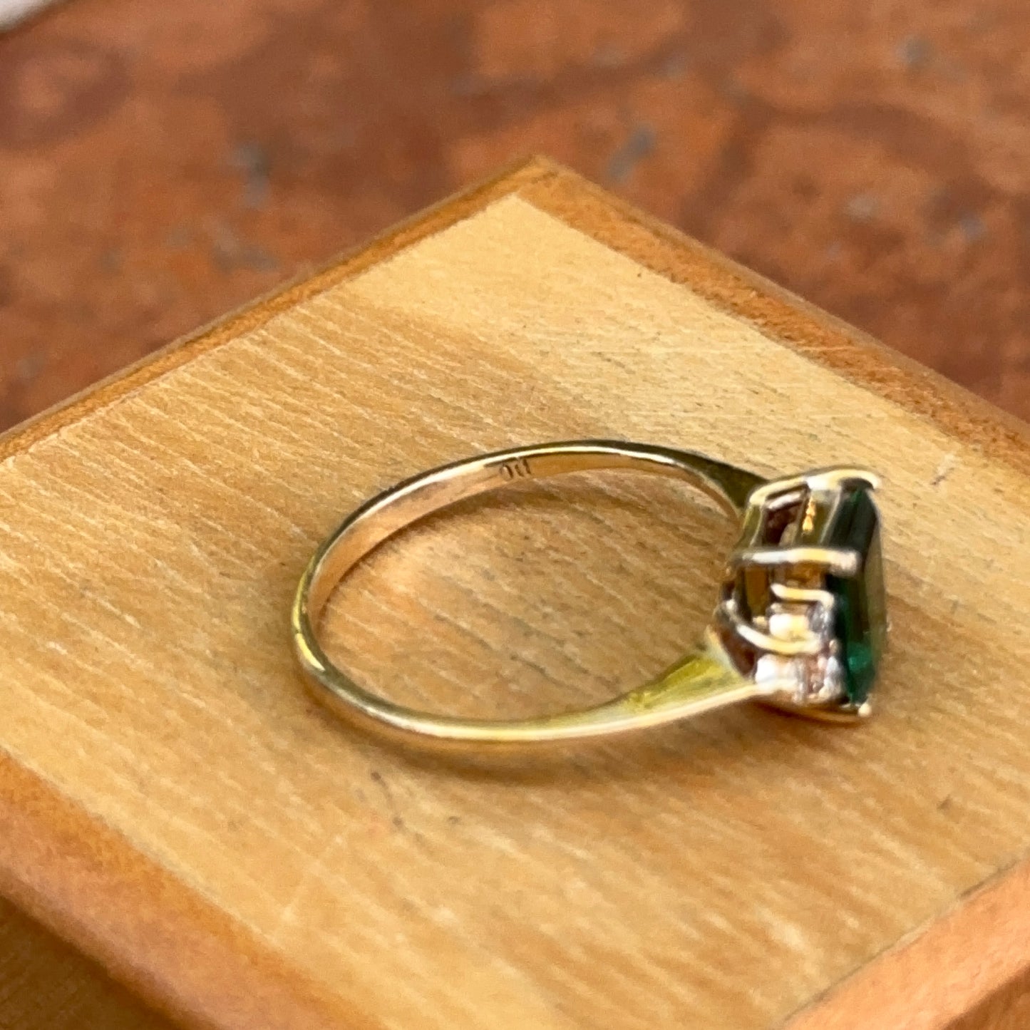 Estate 14KT Yellow Gold Lab-Created Emerald + Diamond Accent ring