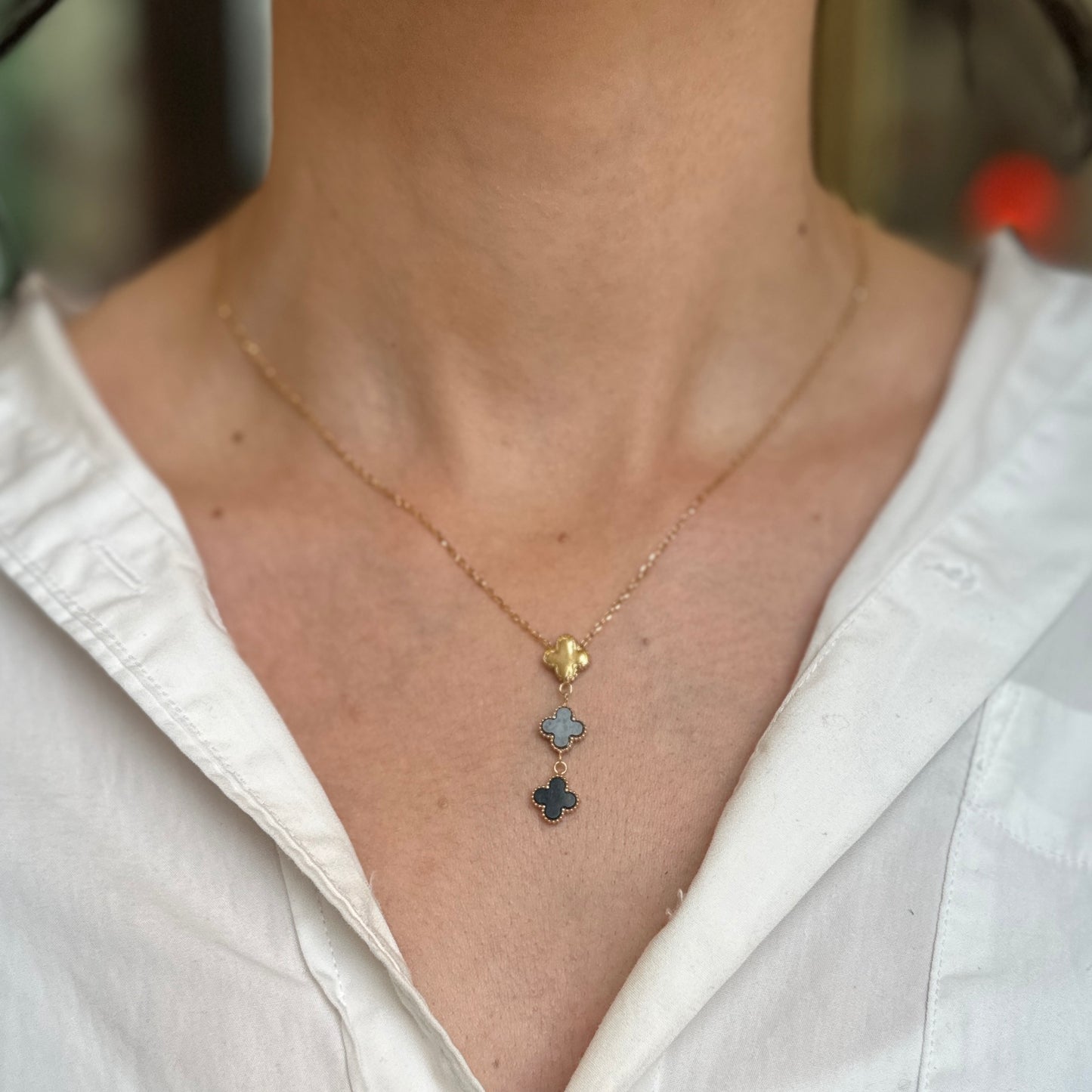 14KT Yellow Gold Ribbed Onyx + Pearl 3 Clover Drop Lariat Necklace