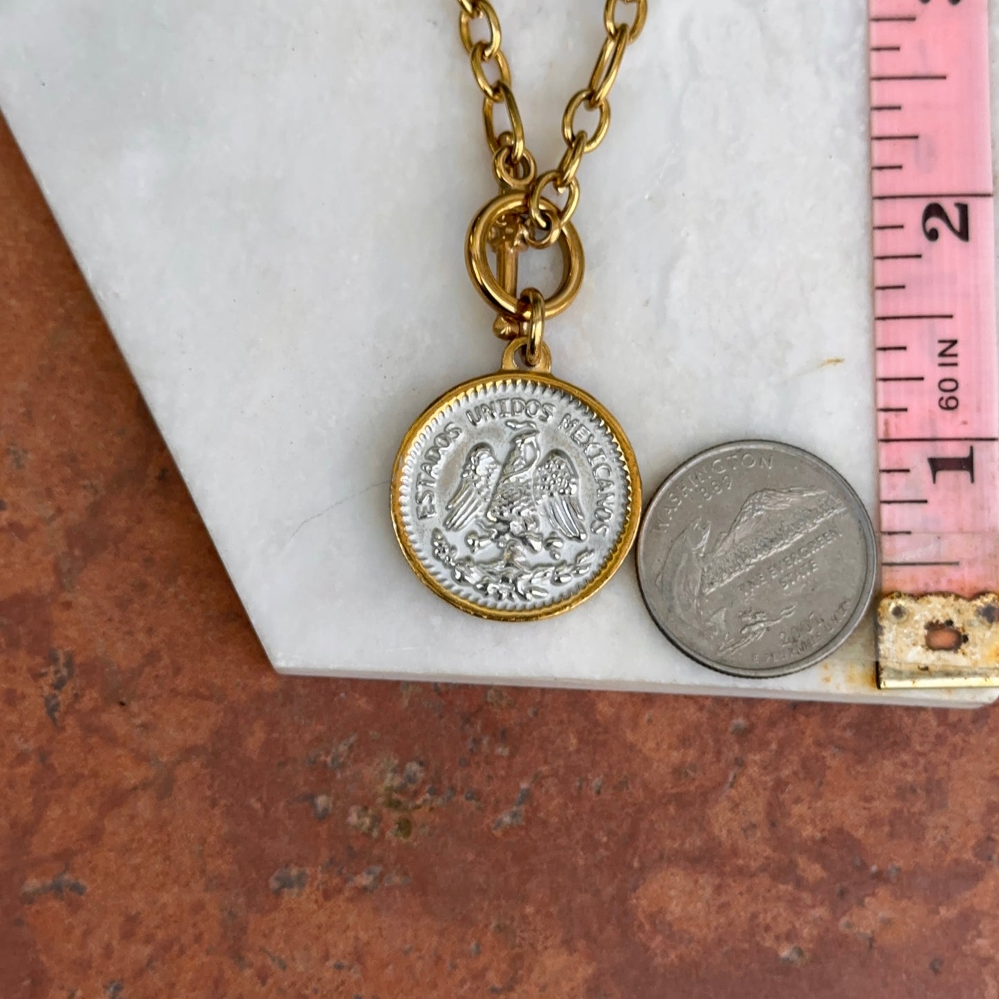 Estate Gold-Tone Mexican 50 Peso Coin Pendant Oval Link Toggle Necklace
