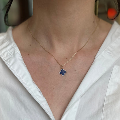 14KT Yellow Gold 4-Leaf Clover Blue Lapis + Pave Diamonds Pendant Charm 12mm