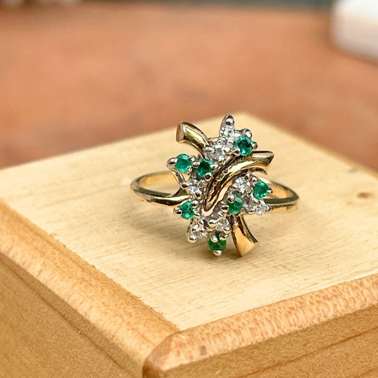 Estate 14KT Yellow Gold Mid-Century Emerald + Diamond Cluster Ring