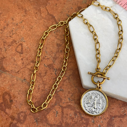 Estate Gold-Tone Mexican 50 Peso Coin Pendant Oval Link Toggle Necklace