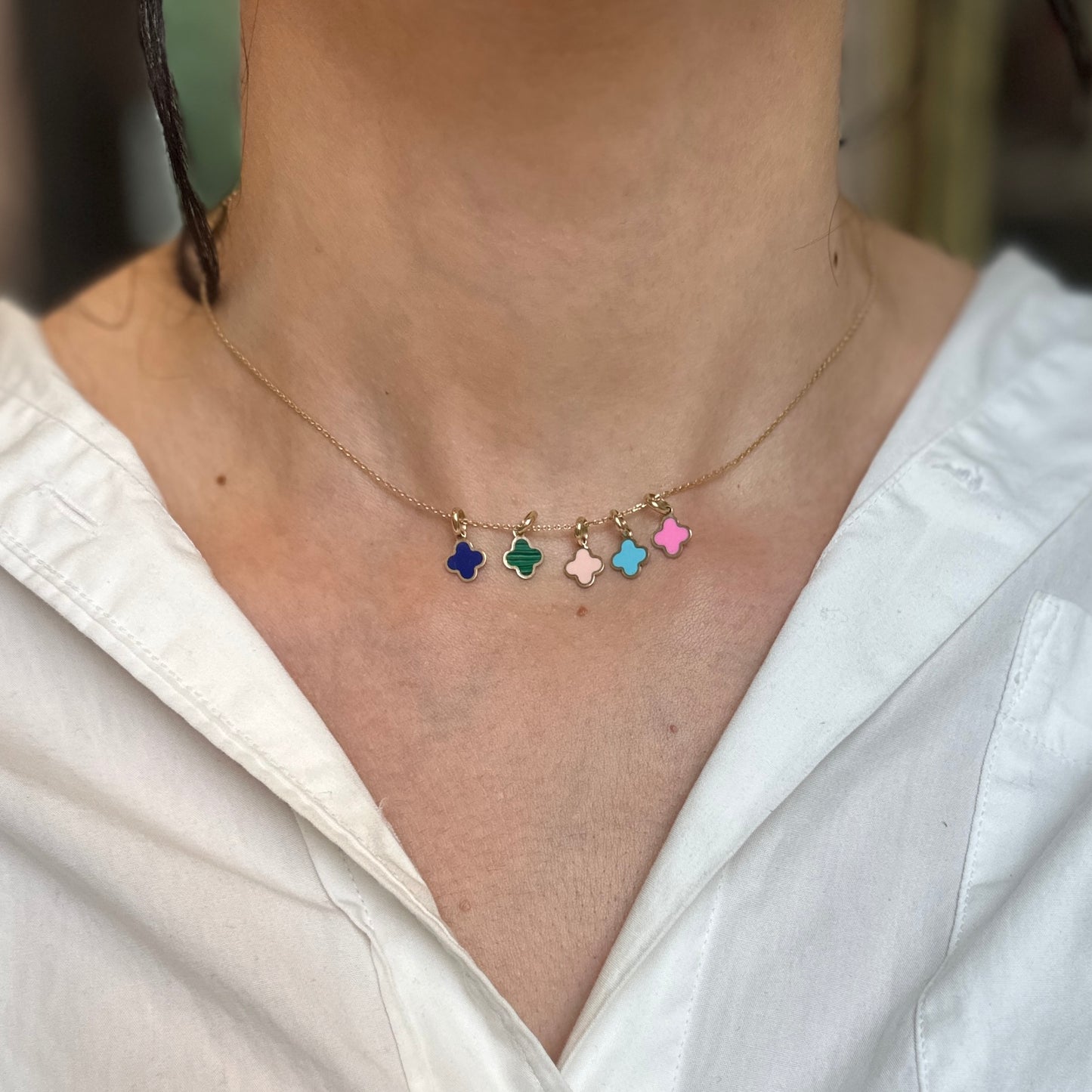 14KT Yellow Gold 4-Leaf Clover Light Pink Enamel Pendant Charm 7mm