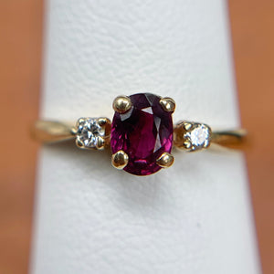 Estate 14KT Yellow Gold Oval Dark Ruby + Diamond Accent Ring