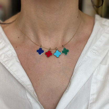 14KT Yellow Gold 4-Leaf Clover Turquoise Inlay Pendant Charm 14mm