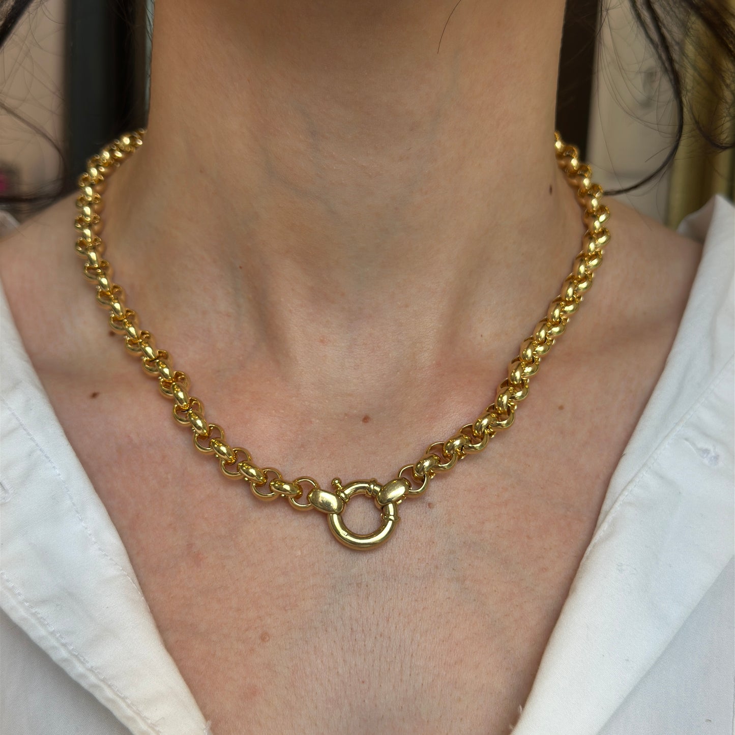 Estate 14KT Yellow Gold 8mm Rolo Chain Toggle Ring Necklace 18"