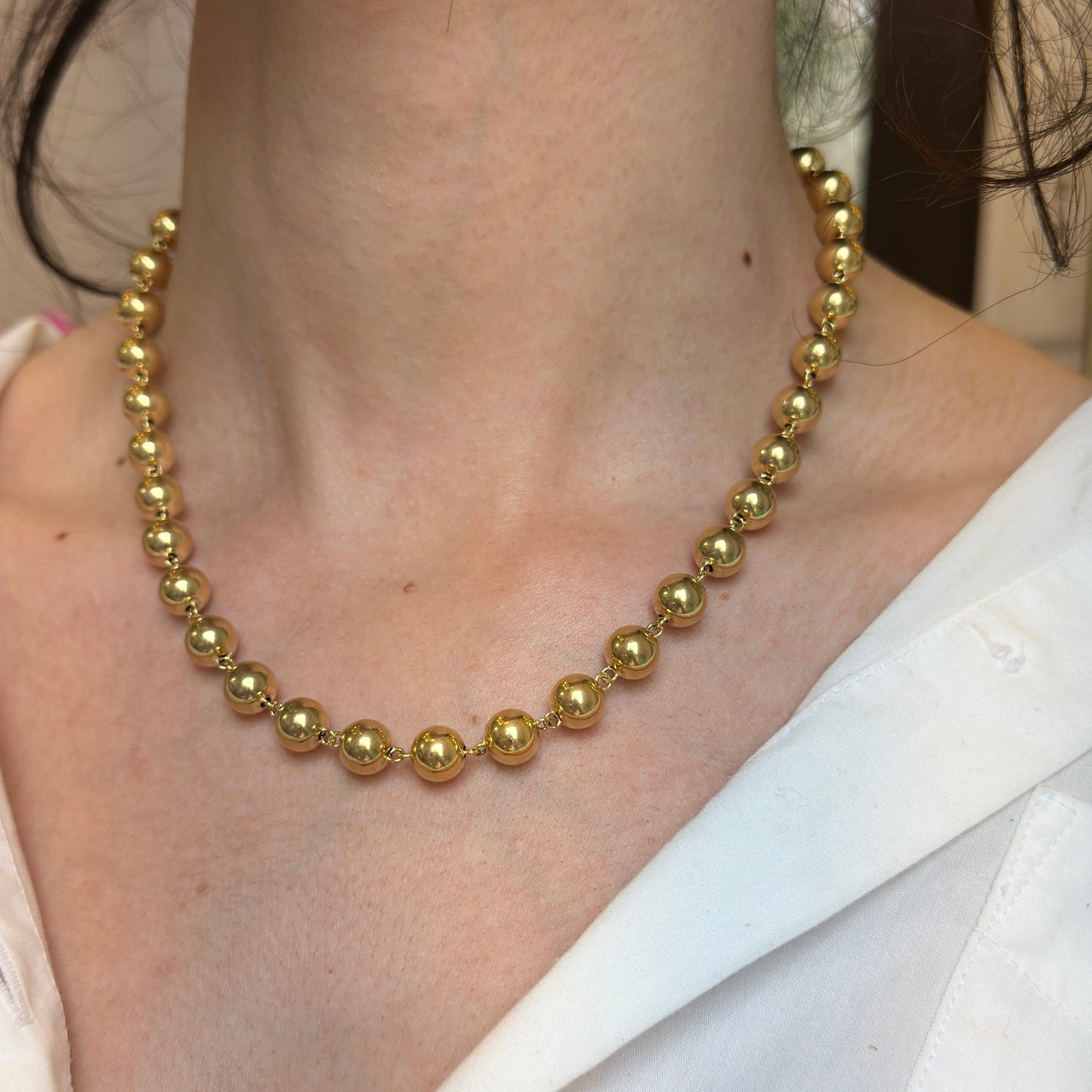 Estate 14KT Yellow Gold Beaded 7mm Ball Station Necklace