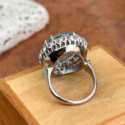 Estate 14KT White Gold Oval 11 CT Aquamarine + Halo Diamond Ring