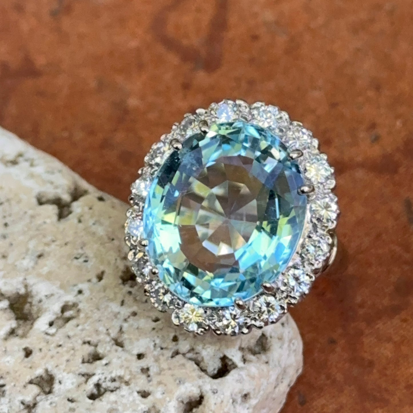 Estate 14KT White Gold Oval 11 CT Aquamarine + Halo Diamond Ring