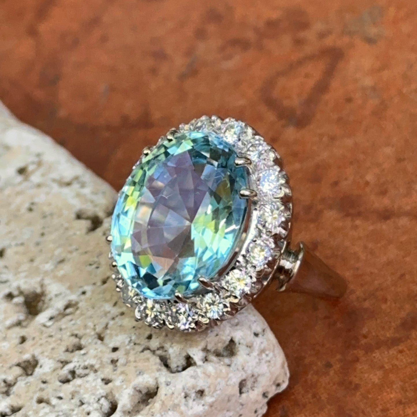 Estate 14KT White Gold Oval 11 CT Aquamarine + Halo Diamond Ring