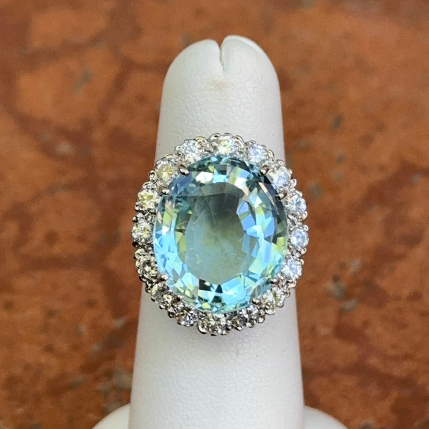 Estate 14KT White Gold Oval 11 CT Aquamarine + Halo Diamond Ring