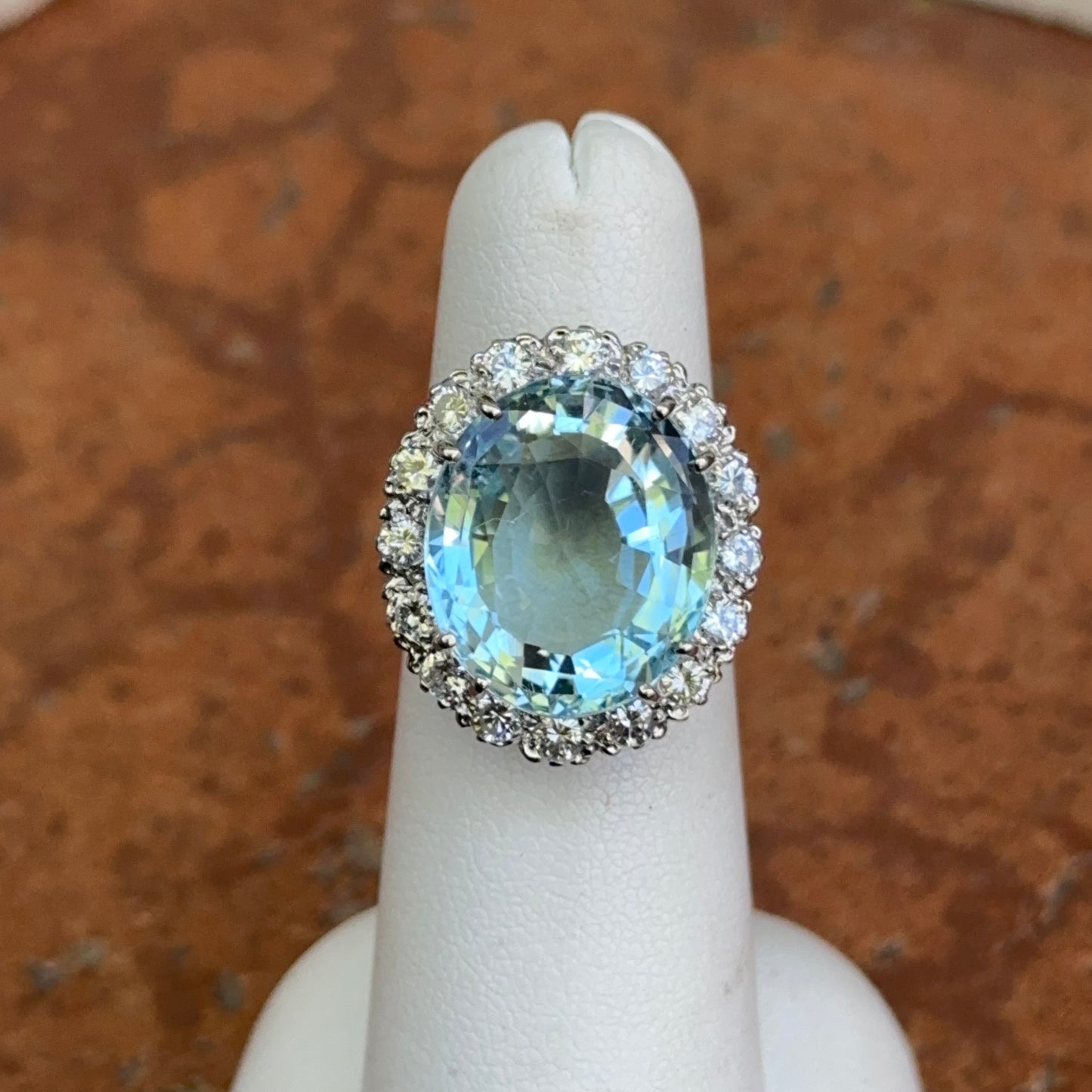 Estate 14KT White Gold Oval 11 CT Aquamarine + Halo Diamond Ring