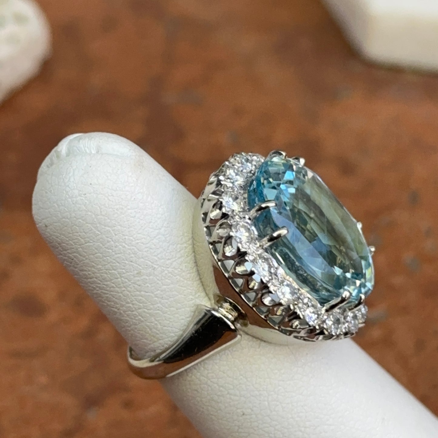 Estate 14KT White Gold Oval 11 CT Aquamarine + Halo Diamond Ring