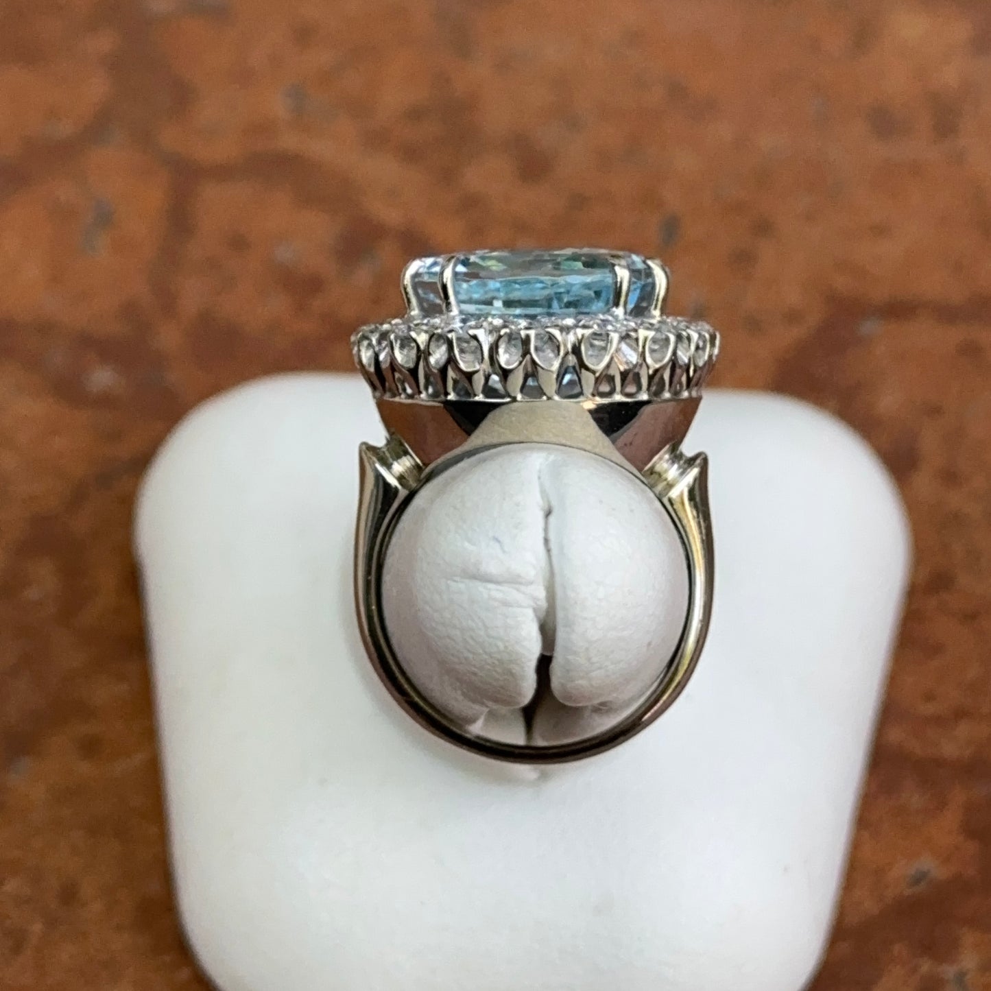 Estate 14KT White Gold Oval 11 CT Aquamarine + Halo Diamond Ring