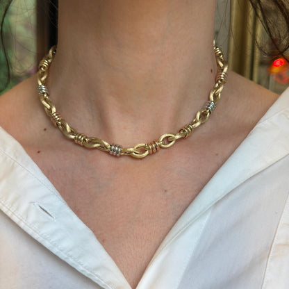 Estate 14KT Yellow Gold Matte Oval Links + Tri-Gold Chain Necklace