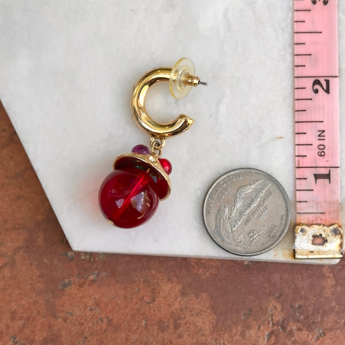 Gold-Tone Red Beads + Cabochon Stones C-Shape Hoop Earrings
