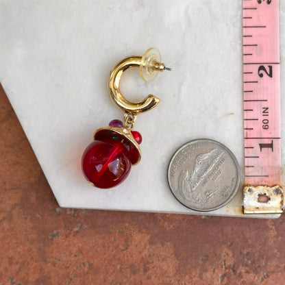 Gold-Tone Red Beads + Cabochon Stones C-Shape Hoop Earrings