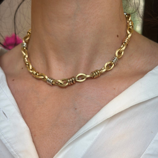 Estate 14KT Yellow Gold Matte Oval Links + Tri-Gold Chain Necklace