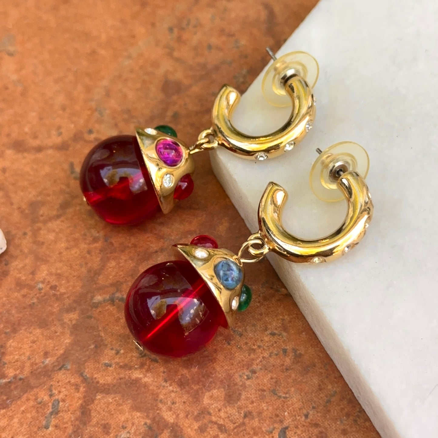 Gold-Tone Red Beads + Cabochon Stones C-Shape Hoop Earrings