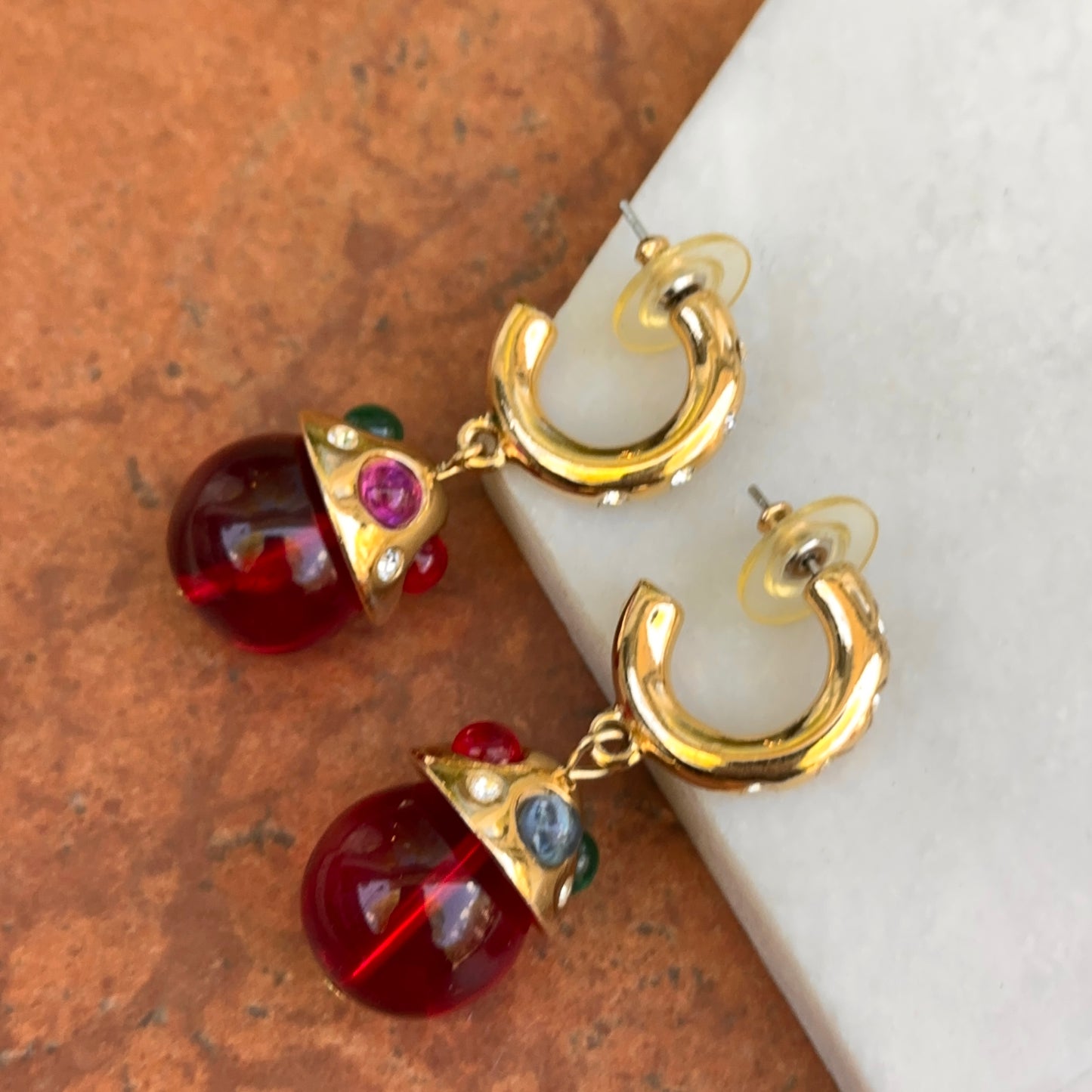 Gold-Tone Red Beads + Cabochon Stones C-Shape Hoop Earrings