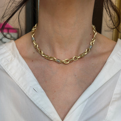 Estate 14KT Yellow Gold Matte Oval Links + Tri-Gold Chain Necklace