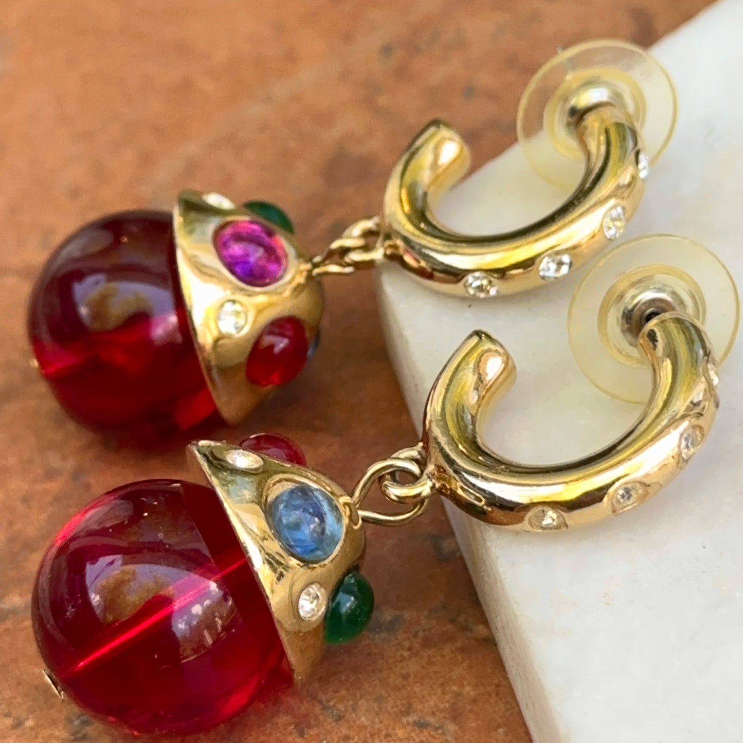 Gold-Tone Red Beads + Cabochon Stones C-Shape Hoop Earrings