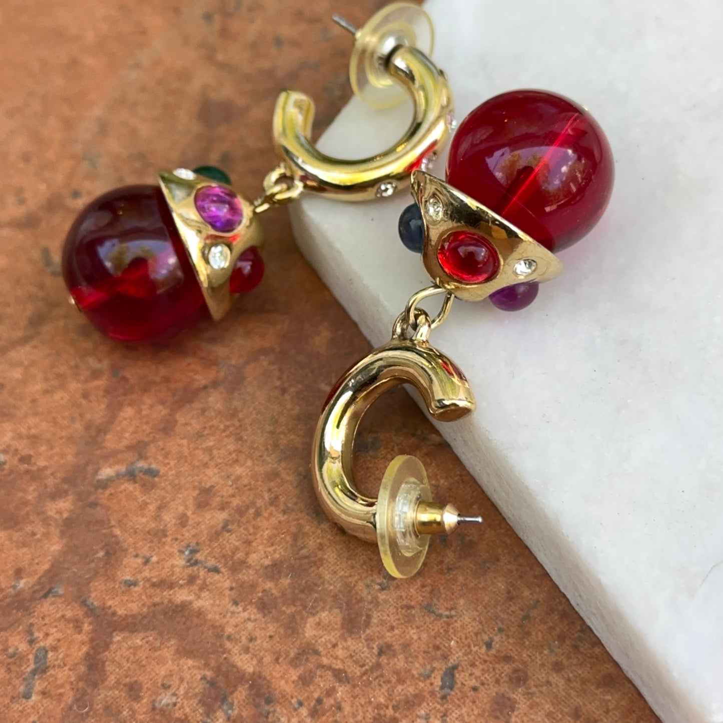 Gold-Tone Red Beads + Cabochon Stones C-Shape Hoop Earrings