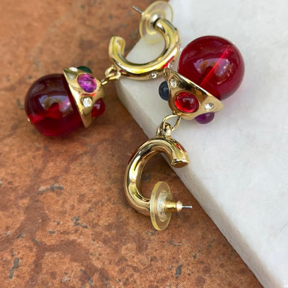Gold-Tone Red Beads + Cabochon Stones C-Shape Hoop Earrings