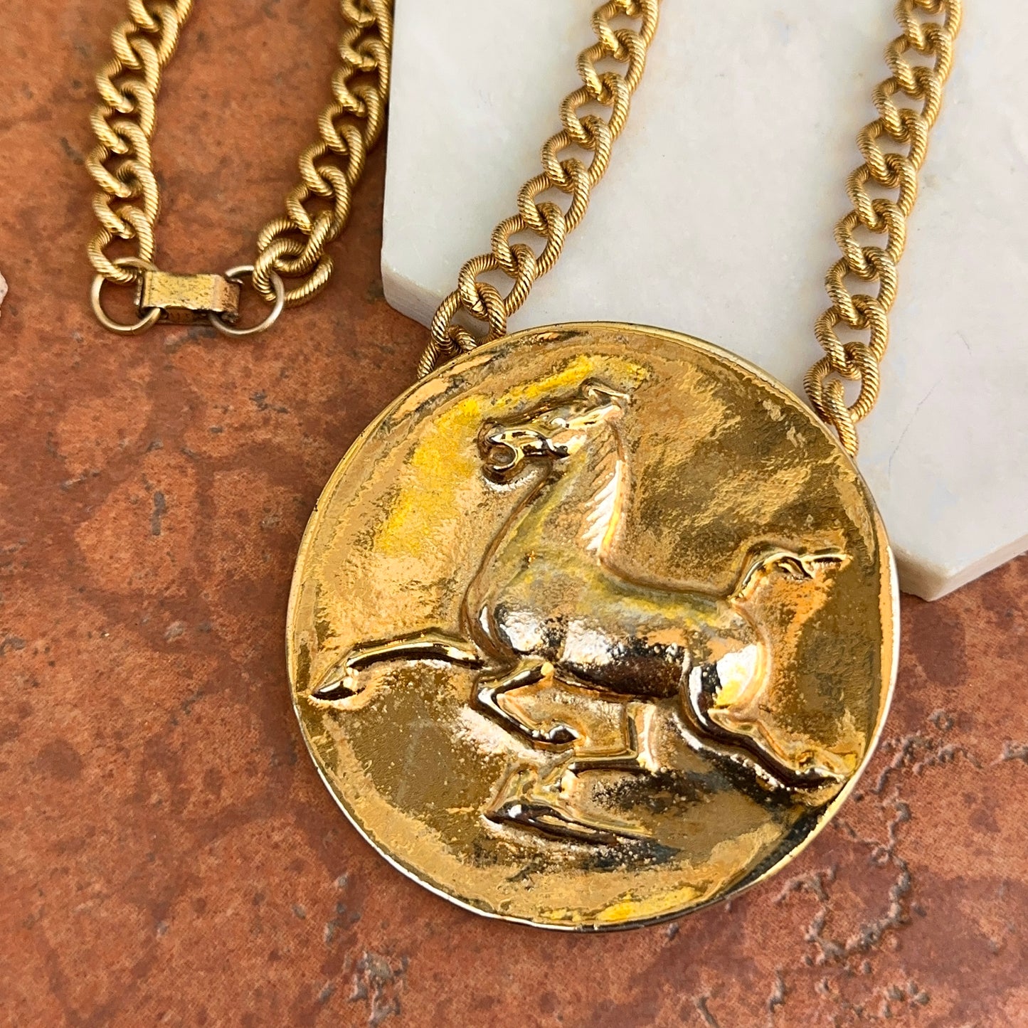 Estate Gold-Tone Alva Museum Replica 1974 Horse Medallion Necklace