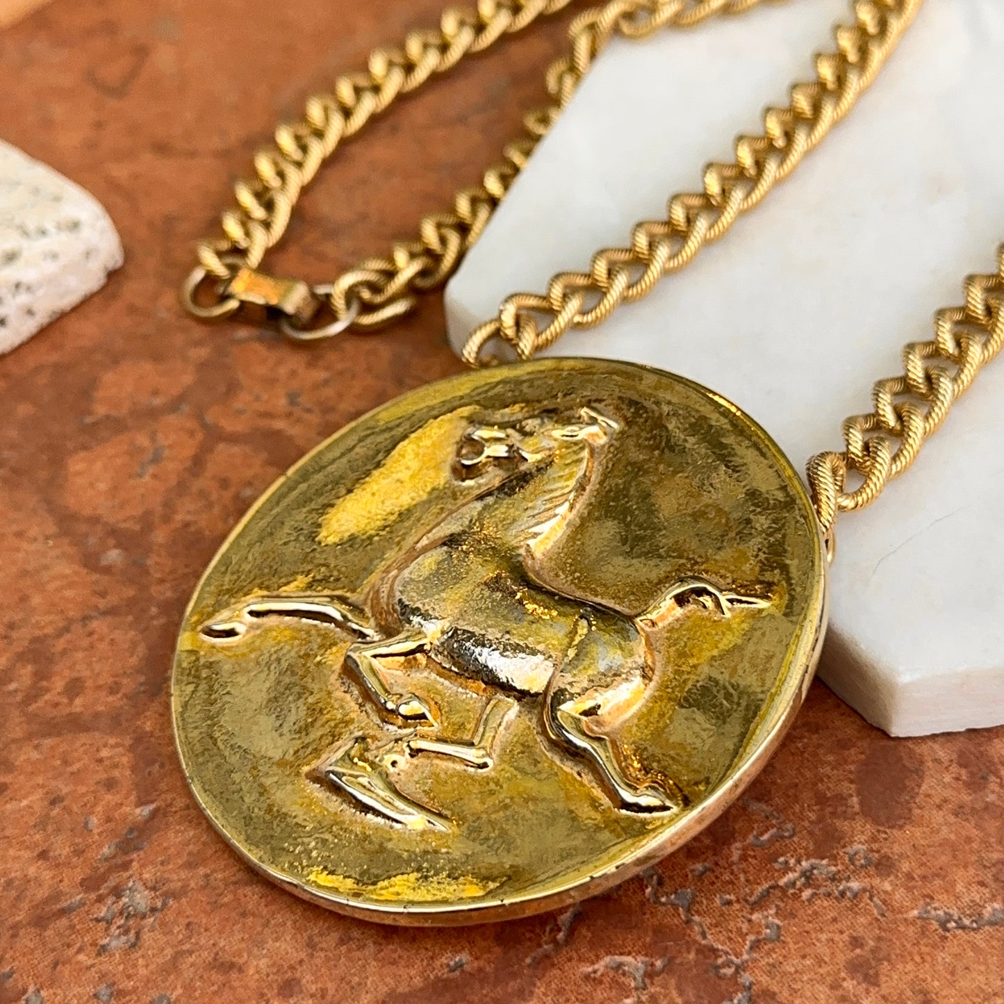 Estate Gold-Tone Alva Museum Replica 1974 Horse Medallion Necklace