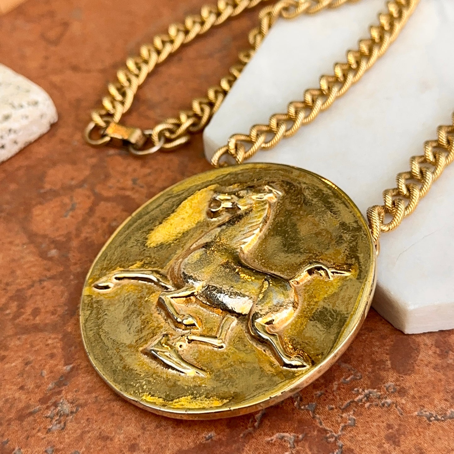 Estate Gold-Tone Alva Museum Replica 1974 Horse Medallion Necklace