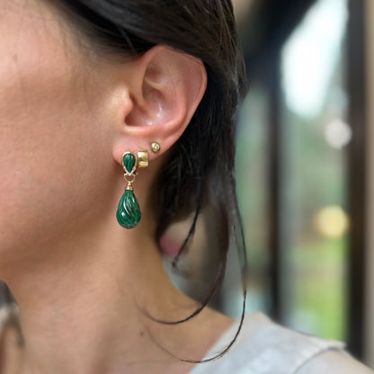 Vintage 14KT Yellow Gold Carved Briolette Malachite + Diamond Drop Earrings